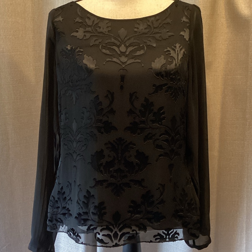 White House Black Market Black Velvet Burnout Long-Sleeve Blouse, size 8.